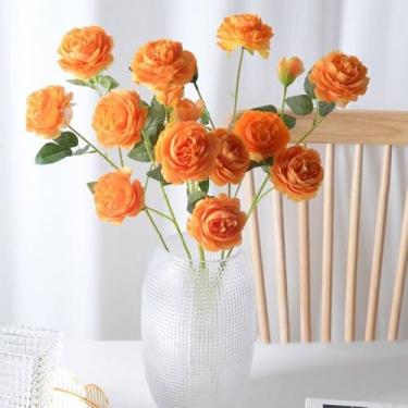 Imagem de 1 buquê de flores artificiais simulação de três cabeças peônia falsa decoração de quarto de festa de casamento, 64 x 7 x 0,3 cm (laranja)