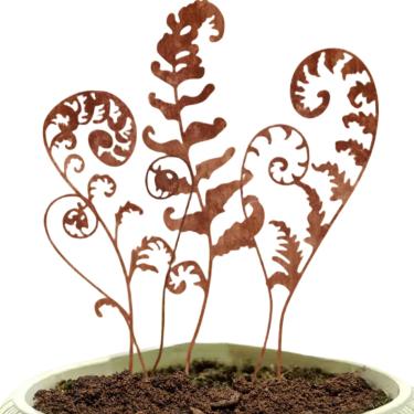 Imagem de Flores de metal para o exterior, conjunto de 6 estacas de samambaia para jardim, decoração de jardim para vasos (marrom)