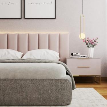 Imagem de Kit Cabeceira Modulada Estofada em L para Cama Box Casal Queen King | Placas 45x20cm em Suede Premium com Fita Dupla Face(ROSA CLARO,KING - 20 PLACAS)