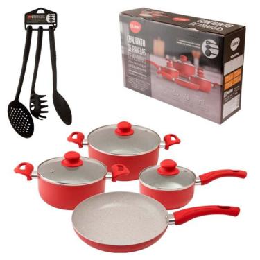Imagem de Jogo Panelas 7 Peças Vermelho Alumínio Vidro Baquelite