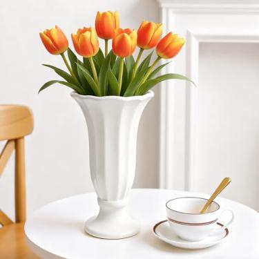 Imagem de GarDream Vaso de cerâmica canelado moderno, vaso de flores brancas de 25 cm com base de pedestal, vasos decorativos de mesa para centros de mesa, decoração de casa, sala de estar, quarto, casamento e