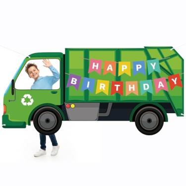 Imagem de Decoração de festa de aniversário de caminhão de lixo com tema de carros de lixo, adereços de cabine de fotos, faixa de fundo de festa de caminhão de lixo para meninos, meninas, crianças, aniversário