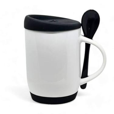 Imagem de Caneca Elegante com Colher Caneca de CerâMica Branca e Colher Preta com Tampa e Base em Silicone para SublimaçãO - 325ml