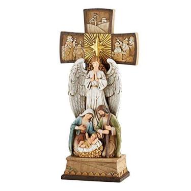 Imagem de Linda cruz de presépio de mesa de Natal de 35,5 cm H Conjunto de presépio de uma peça com figuras da Sagrada Família e do Espírito Santo Anjo e Esculturas Detalhadas de Três Reis, Pastores