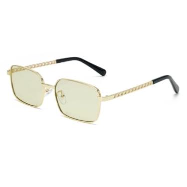 Imagem de HCPIHF Óculos retangulares vintage femininos, armação de metal, lentes transparentes, UV400, óculos de sol da moda (dourado-amarelo-verde)