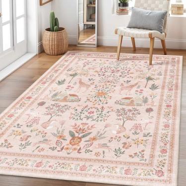 Imagem de ViViRug Tapete de área de animais floral boho lavável com design antiderrapante, tapete macio para quarto, cabeceira, cozinha, quarto infantil, dormitório universitário para meninas, rosa