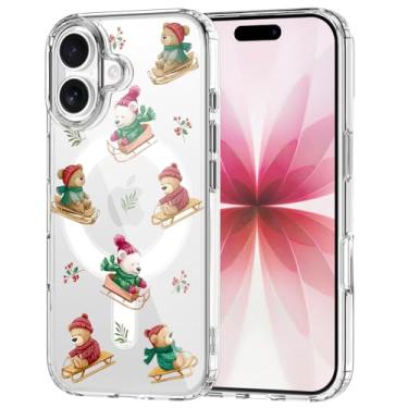 Imagem de OFQKOAKS Capa para iPhone 17 Pro, compatível com MagSafe, linda capa de telefone magnética de trenó de urso de Natal, capa protetora fina e macia transparente para mulheres e meninas
