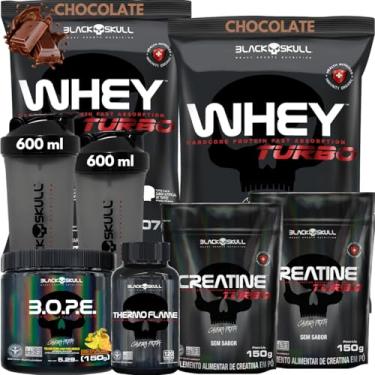 Imagem de Kit 2x Whey Protein Turbo 907g + 2x Creatina Monohidratada 150g + Pré-Treino BOPE 150g + Thermo Flame Termogênico 120 Tabletes+ 2x Coqueteleira - Black Skull (Whey Chocolate + Bope Frutas Amarelas)
