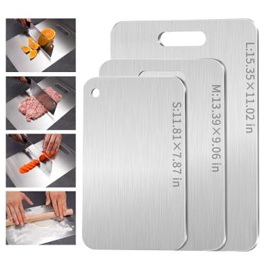 Imagem de Tábua de corte de aço inoxidável, 3 tábuas de corte para cozinha, tábua de corte antiaderente 316 inoxidável de grau alimentício para carne, frutas e vegetais (15,3 x 11, 13,4 x 9, 30 x 20 cm)