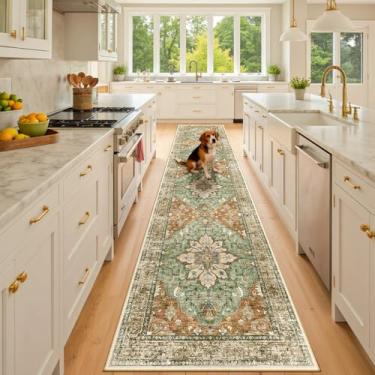 Imagem de RELEANY Tapetes de área 6 x 25 cm lavável aspirador de pó, antiderrapante, estampa floral vintage tapete medalhão para sala de estar quarto vermelho tijolo ferrugem marrom neutro laranja verde