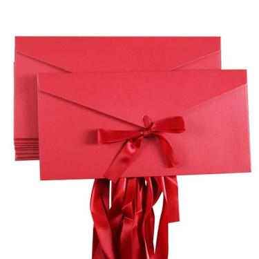 Imagem de Pacote com 10 envelopes de papel kraft com fitas, envelopes de convite para festival e festa - vermelho