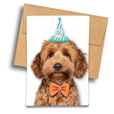 Imagem de Fava Bean Productions Cartão de feliz aniversário Goldendoodle, Doodle com chapéu de aniversário e gravata borboleta - 524