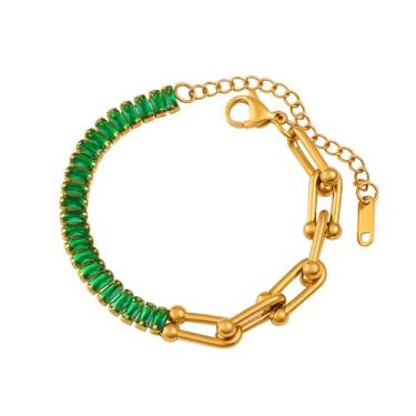Imagem de Unurgoonit Pulseira feminina de zircão verde de aço inoxidável dourado, pulseira ajustável com zircônia cúbica esmeralda, Metal, Zircônia cúbica