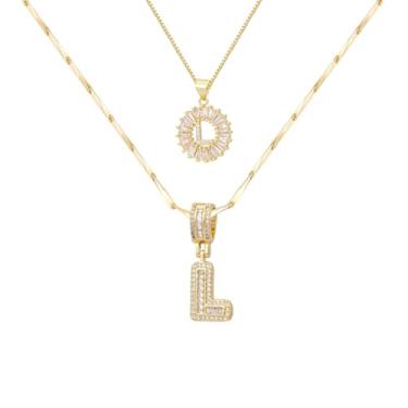 Imagem de ALFISO Colar com letras para mulheres, colares com inicial banhada a ouro 14K, joias personalizadas com nome personalizado, colar com pingente de iniciais para casal, 2 peças, colar elegante e