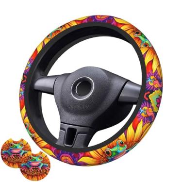Imagem de Capa de volante de girassóis e sapos com 2 porta-copos de carro antiderrapante de neoprene para mulheres e homens, conjunto universal de 38 cm, elegante e prático