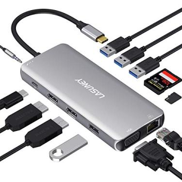 Imagem de LASUNEY Hub 12 em 1, adaptador de hub multiportas com 2 HDMI, DisplayPort, RJ45, SD/TF, portas USB C/A, PD, microfone/áudio, compatível com MacBook, Dell, HP, Lenovo