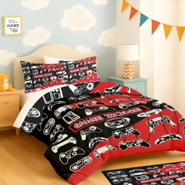 Imagem de yompray Jogo de cama com controle de jogo, macio, leve, fofo, para crianças, adolescentes, jogos, decoração de quarto, tamanho casal, 3 peças (1 edredom + 2 fronhas)