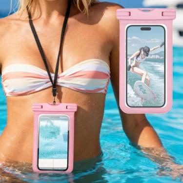 Imagem de Bolsa de telefone universal à prova d'água com cordão flutuante bolsa seca para natação, snorkel, rafting, praia, caiaque, rosa