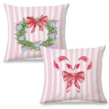 Imagem de Exqcom Conjunto de 2 capas de almofada de guirlanda chinoiserie de Natal rosa 45,7 x 45,7 cm, decoração de Natal rosa, coquette de bengala doce, inverno, férias, capas de almofada para casa, quarto