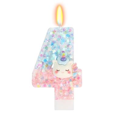 Imagem de Elekfx Vela de unicórnio número 4, decorações de aniversário de unicórnio para meninas, lembrancinhas de festa de 4 anos, topo de bolo arco-íris azul pastel e rosa com lantejoulas