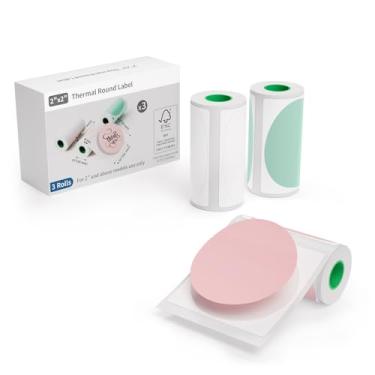 Imagem de Impressora de adesivos JD-23 de papel térmico redondo, conjunto de etiquetas coloridas de 3 rolos (branco, verde, rosa), adesivos autoadesivos para artesanato, presentes, logotipos e etiquetas de