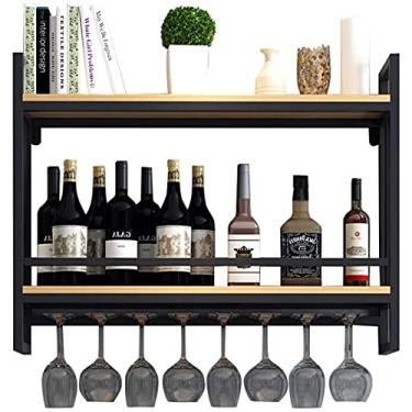 Imagem de Prateleira de vinho preta com suporte de vidro | Prateleiras de vinho de metal de madeira montadas na parede | Suporte de copo de vinho suspenso | Unidade de madeira para prateleiras de vinho