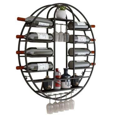 Imagem de THGYJP Rack de vinho redondo de metal montado na parede, prateleiras de bar modernas montadas na parede com suporte de vidro, rack de exibição de armazenamento de vinho, prateleira de vinho de ferro