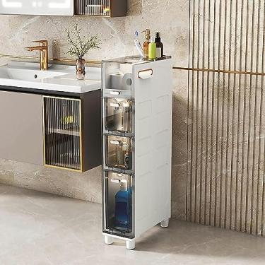 Imagem de LWJYMXBD Armário de chão de banheiro estreito alto fino 5 gavetas torre de armazenamento, moldura resistente armário de armazenamento de papel higiênico estreito com gavetas e rodízios transparentes