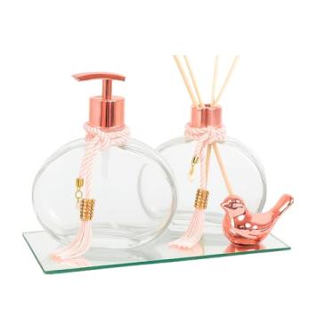 Imagem de Kit Lavabo Vidro 300ml Luxo C/Bandeja Porta Sabonete Difusor e Enfeite Decoração- Decoração Banheiro Elegante e Cristalino (Rose c/Passarinho)