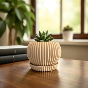 Imagem de Kit 1/2/3 Vasos para Suculentas com Bandeja – Mini Vaso Decorativo Cachepô para Plantas Naturais em Textura Ondulada(KIT 2 NUDE)