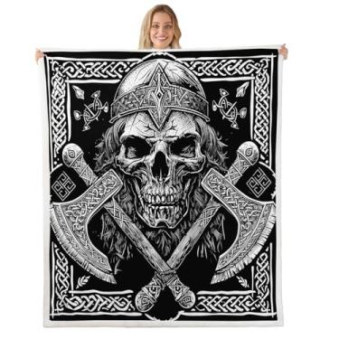 Imagem de Erosebridal Cobertores viking nórdicos exóticos de caveira gótica sherpa cobertores guerreiros viking machado cobertor de lã totem mitologia nórdica cobertor felpudo 127 x 152 cm para cama de crianças