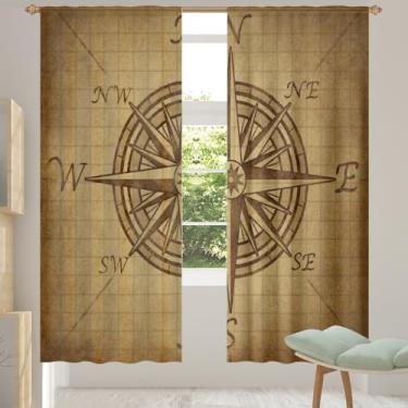 Imagem de 2 conjuntos de painéis de cortinas transparentes retrô com letras de bússola, cortinas transparentes arejadas com filtro leve, painéis de cortina de porta e janela para sala de estar, quarto, jantar
