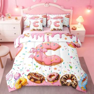 Imagem de Erosebridal Conjunto de edredom Sweet Donut com lençóis, roupa de cama personalizada com letra C, lindo laço, cama em uma bolsa para meninas, crianças, sonhadora, princesa, borboleta, nó, conjunto de