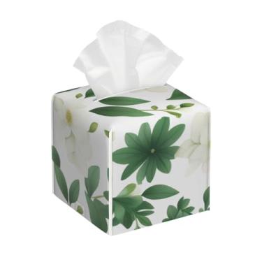 Imagem de Capa quadrada de couro para caixa de lenços de papel à prova d'água flor verde primavera organizador de papel facial com cinto inferior estojo de lenços para mesa, banheiro, escritório, mesa, carro