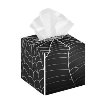 Imagem de Suporte quadrado de couro para caixa de lenços de papel, impermeável, teia de aranha branca, organizador de papel facial com cinto inferior, estojo de lenços para mesa, banheiro, escritório, mesa