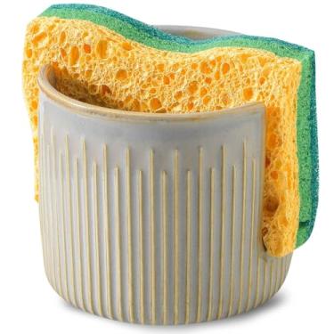 Imagem de Seyatoo Suporte de esponja de cerâmica para pia de cozinha, escorredor de pratos com esponja, organizador compacto para pia de fazenda, cinza vintage