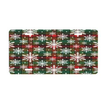 Imagem de Placa de licença de Natal xadrez de floco de neve para a frente do carro placas de carro metal de alumínio adequado para placa de porta de caminhão, bar, café, acessórios automotivos para homens e
