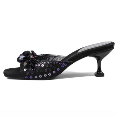 Imagem de Mattiventon Salto gatinho feminino confortável salto agulha mulle lantejoulas aberto bico quadrado sem cadarço sandálias modernas festa de formatura casamento e férias, Preto, 38