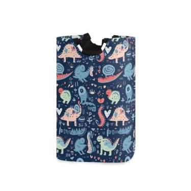 Imagem de Blueangle Cesta de roupa suja dobrável de dinossauros coloridos com alças – Saco de cesto de roupa impermeável dobrável | Solução de armazenamento de roupas que economiza espaço para dormitório
