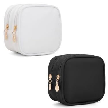 Imagem de XIAOLER Bolsa de maquiagem pequena, bolsa de cosméticos com zíper duplo, bolsa de maquiagem de viagem, linda bolsa de maquiagem para bolsa, mini bolsa de higiene pessoal, Preto + branco, Todo mundo