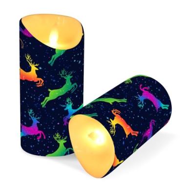 Imagem de Blueangle Pacote com 2 velas neon arco-íris rena sem chama com controle remoto e temporizador, velas LED cintilantes (7,6 cm x 9,9 cm) para decoração de casa, casamento, acampamento (476)