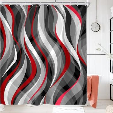 Imagem de Riyidecor Cortina de chuveiro moderna, preta, branca, cinza, vermelha, abstrata, listrada, geométrica, simples, estética, neutra única, 188 cm L x 188 cm A, decoração de tecido minimalista, banheiro