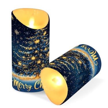 Imagem de Blueangle Pacote com 2 velas de árvore de Natal de flocos de neve sem chamas com controle remoto e temporizador, velas LED cintilantes (7,6 cm x 9,9 cm) para decoração de casa, casamento, acampamento
