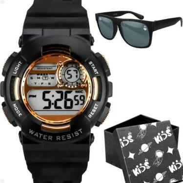 Imagem de Relogio Digital Infantil Menino Preto + Oculos Sol + Caixa rose qualid