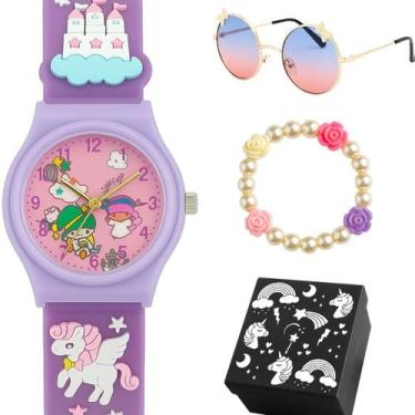 Imagem de Relogio Silicone Roxo Infantil + Oculos Pulseira + Caixa protecao uv q