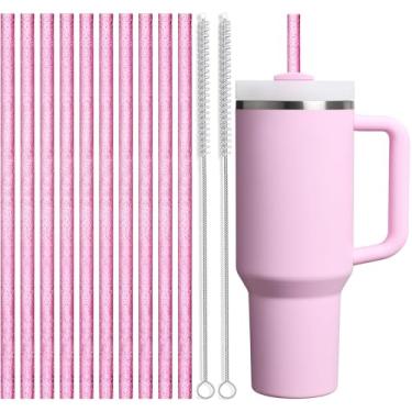 Imagem de ALINK 10 Pack Pink Replacement Straws for Stanley 40 oz 30 oz Tumbler, 12 in Long Reusable Plastic Glitter Straws for Stanley Cup Accessories, Half Gallon Jug, Plus 2 Cleaning Brush
