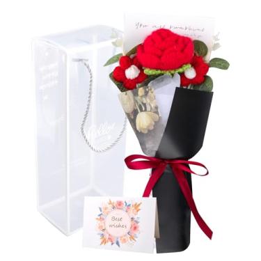 Imagem de HICOHAND Buquê de flores de crochê, 1 pacote de flores de tricô feitas à mão para o Dia dos Namorados artificiais, rosas vermelhas com cartão de embalagem para presentes de festival de aniversário