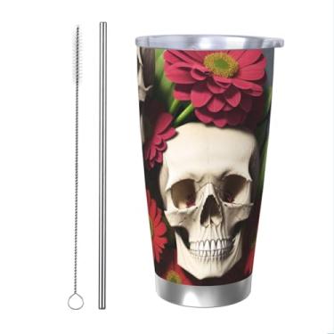 Imagem de Zeraoke Caneca de aço inoxidável com estampa de caveira e flor, 590 ml, caneca de canudo de carro, mantém as bebidas frias para escritório, casa, funciona muito bem para bebidas geladas, bebidas