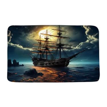 Imagem de VPUPCN Tapete de banho navio pirata náutico vintage fantasma veleiro fantasia oceano lua cheia tema aventura homens meninos microfibra espuma memória tapete de casa de banho, capacho de casa de banho