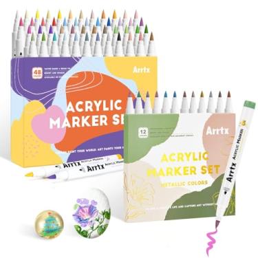 Imagem de Arrtx Canetas de tinta acrílica, 60 cores para pintura rupestre, ponta de pincel extra, 12 cores metálicas e 48 cores regulares para pedra, vidro, ovo de Páscoa, madeira e pintura de tecido - não